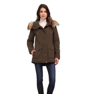 DKNY Olive Green Faux Fur Trimmed Anorak Coat